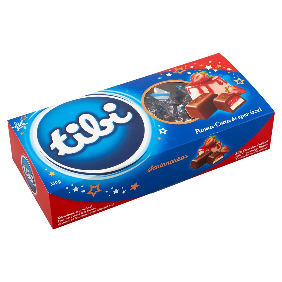 Tibi tejcsokoládé szaloncukor praliné Panna-Cotta ízű krém és eper ízű zselé töltelékkel 330 g