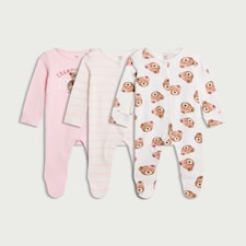 F&F Baby 3-Pack Pure Cotton Teddy Bear Printed Sleepsuits in Pink