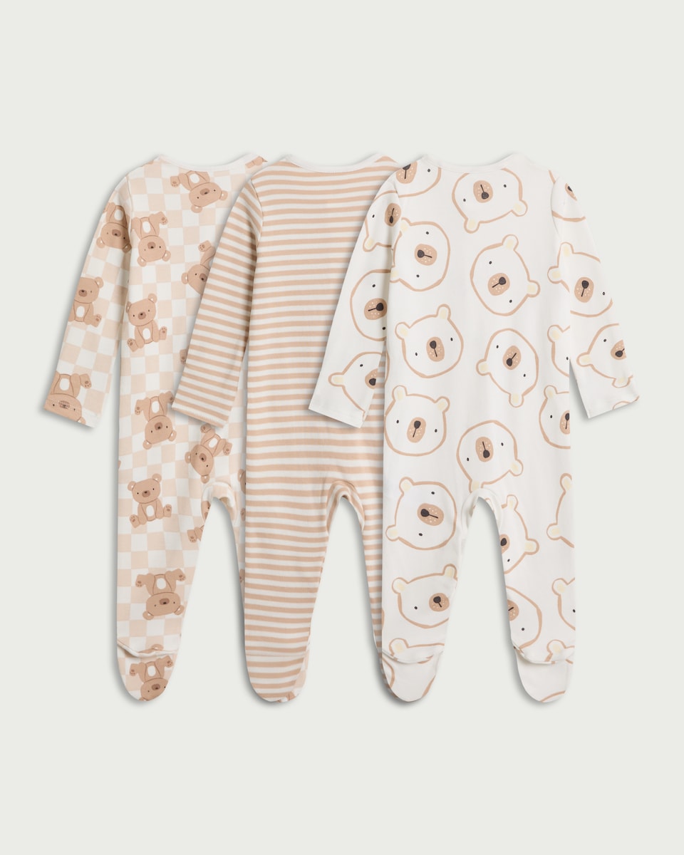 image 1 of F&F Baby 3-Pack Pure Cotton Bear Print Sleepsuits in Neutral
