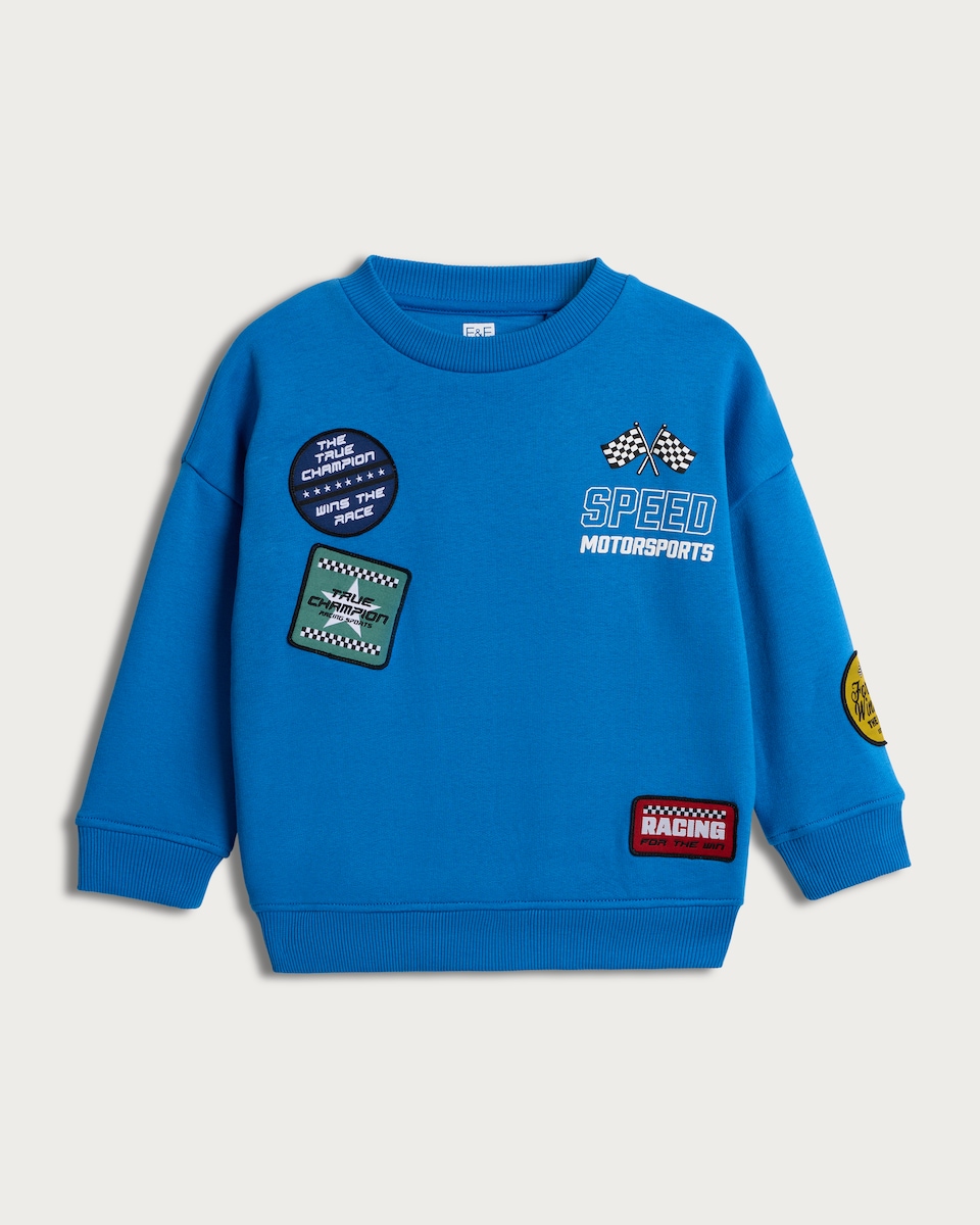 image 1 of F&F Boys Cotton Rich Speed Motorsports Slogan Sweatshirt in Blue