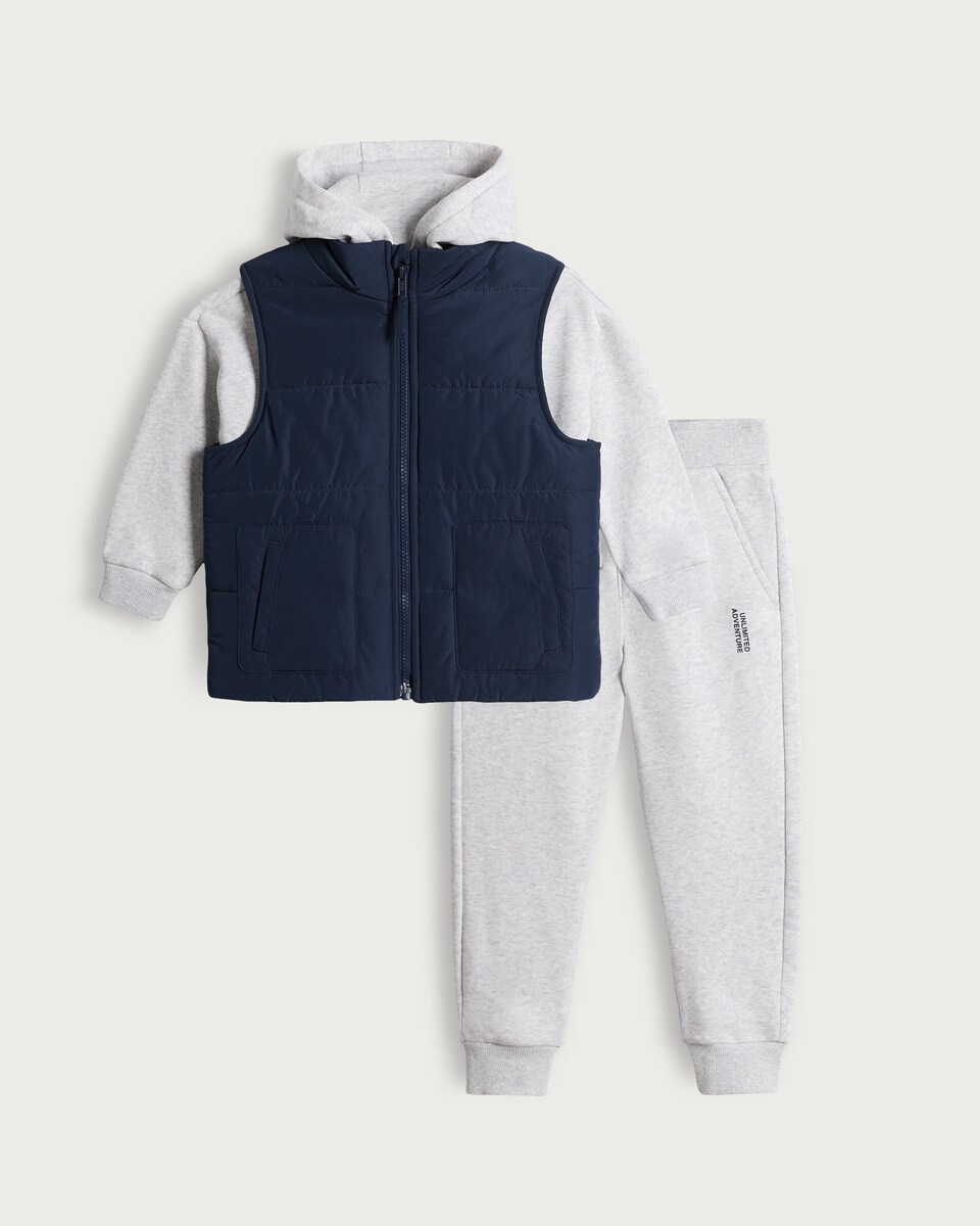 image 1 of F&F Boys 3-Piece Cotton Rich Hoodie, Gilet and Joggers Set in Blue