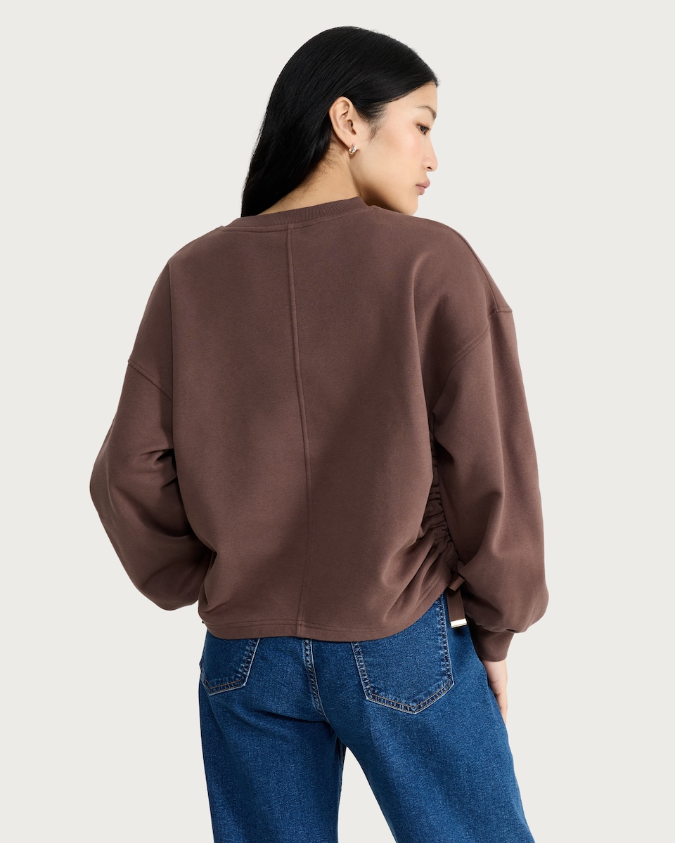 image 1 of The F&F Edit Cotton Rich Ruched Side Tie Detail Sweatshirt in Brown