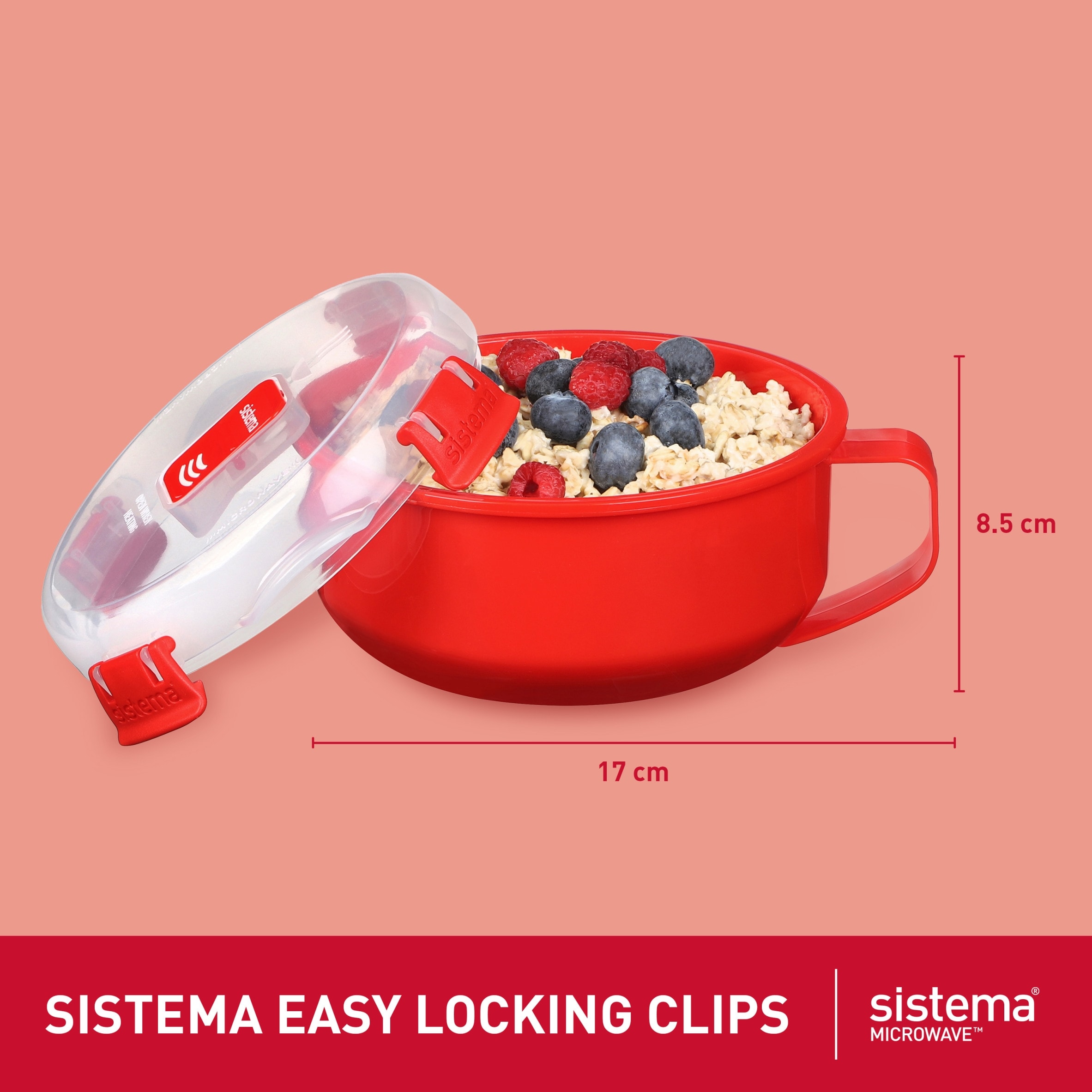 Sistema Klip It Breakfast Bowl 850 Ml - Red, BPA Free, Microwave Safe Locking Lid