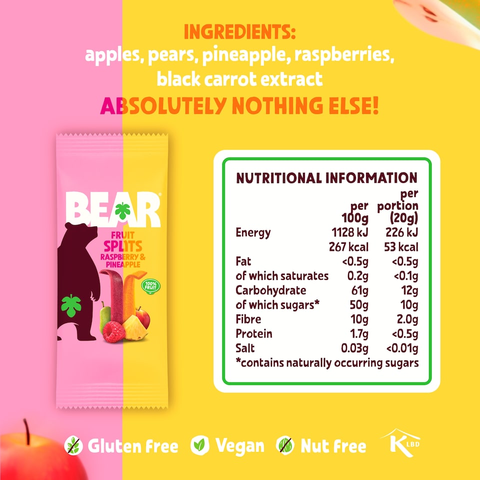 image 1 of BEAR Fruit Splits Pineapple & Raspberry Multipack 5x20g