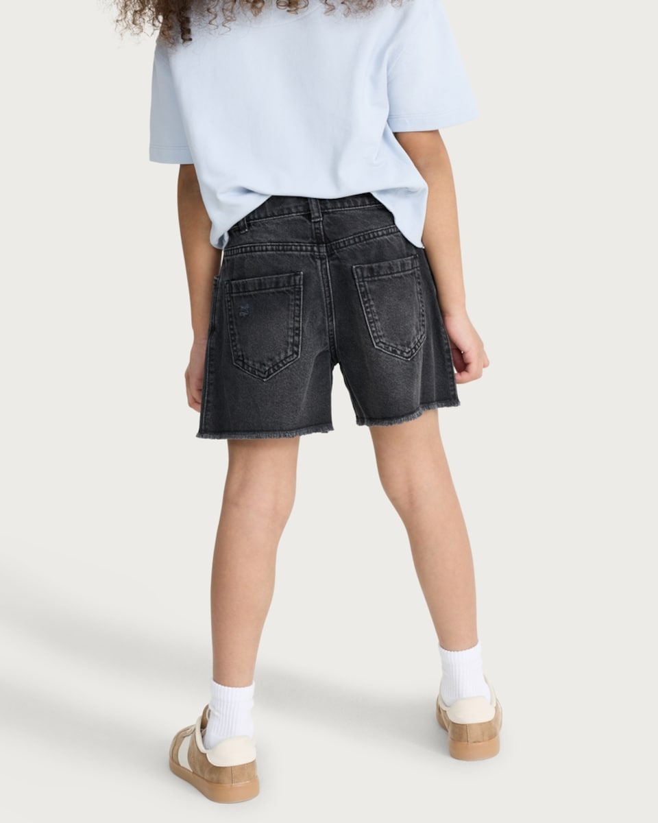 image 1 of F&F Girls Pure Cotton Distressed Frayed Hem Shorts in Black