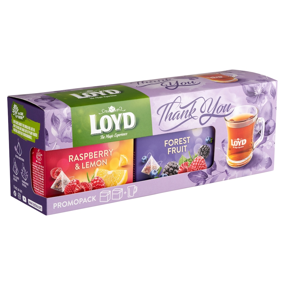Loyd ajándék tea csomag Erdei gyümölcs + Málna-citrom ízű gyümölcstea 80 g + pohár