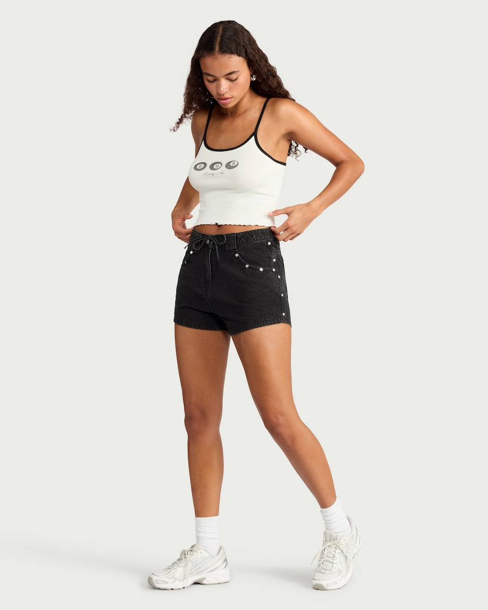 image 1 of OH ME OH MY Studded Denim Shorts in Black