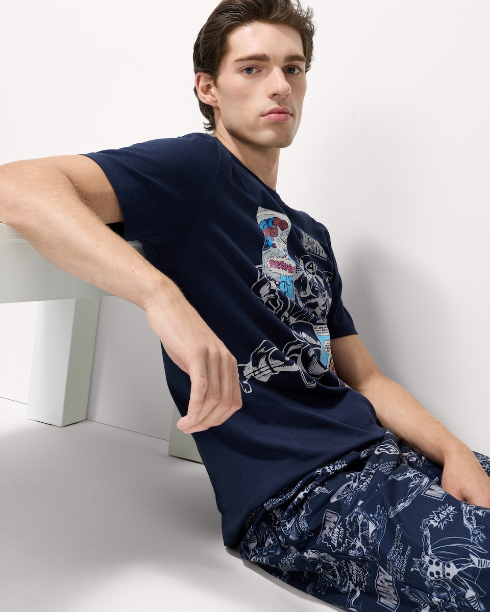 image 1 of Marvel Cotton Rich Fleece Bottoms Pyjama Set in Black