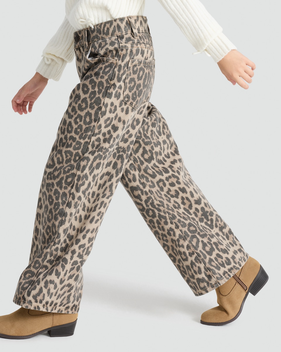 image 1 of F&F Girls Pure Cotton Leopard Print Wide Leg Jeans in Multi Brown