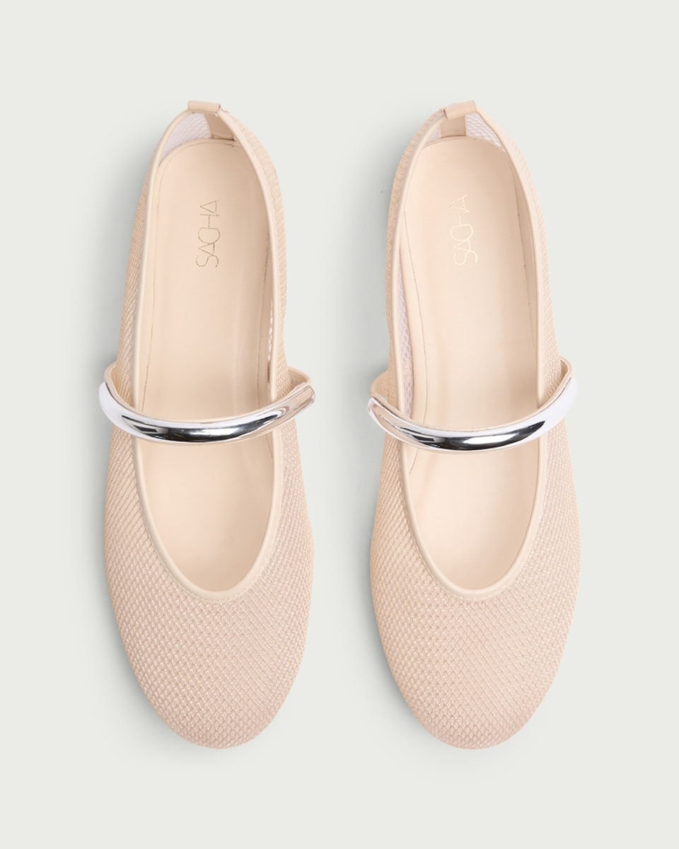 image 1 of SACHA Mesh Metallic Strap Ballet Flats in Cream