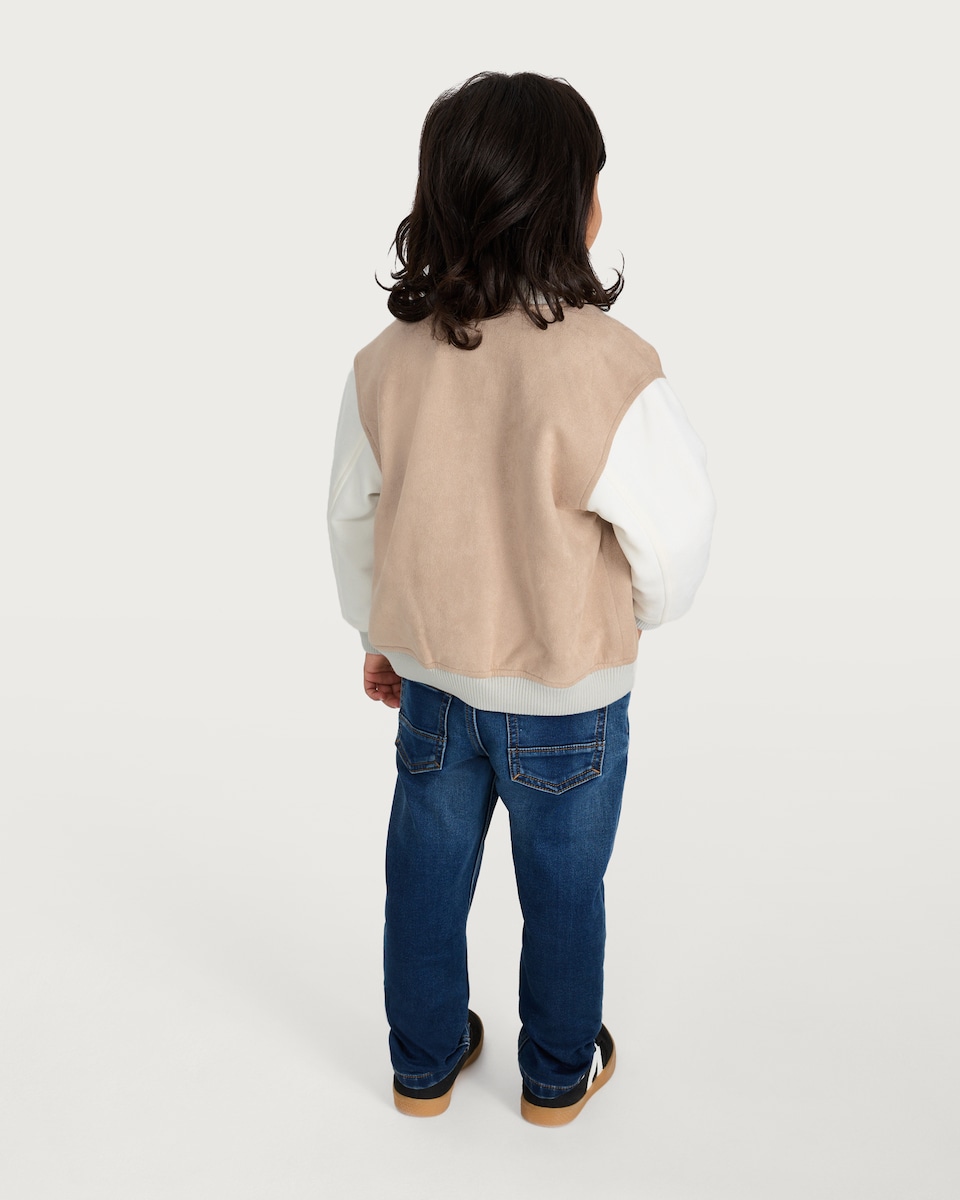 image 1 of F&F Boys Faux Suede Aesthetic Originals Varsity Jacket in Stone