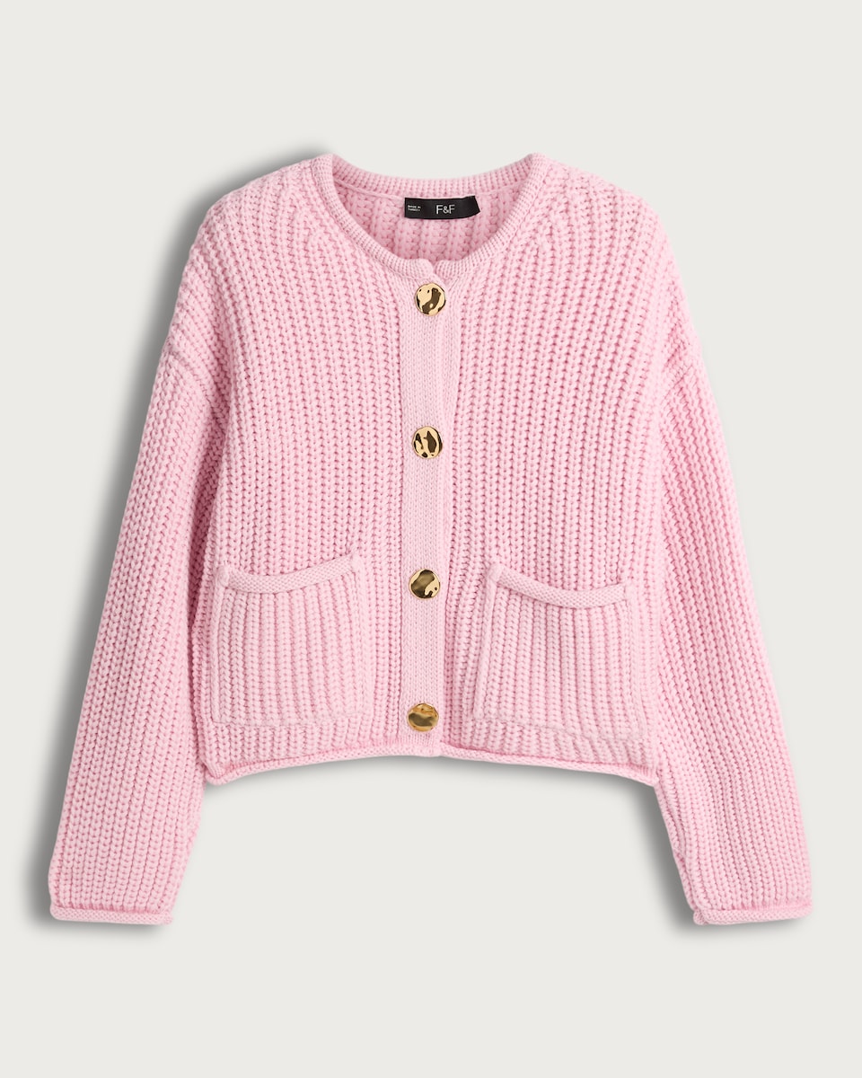 F&F Textured Gold Button Chunky Cardigan in Pink