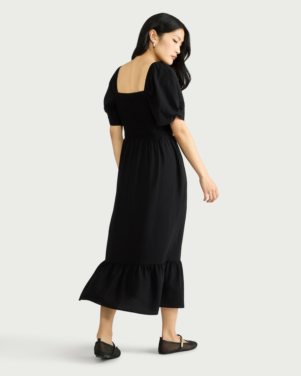 image 1 of F&F Shirred Puff Sleeved Midi Dress in Black