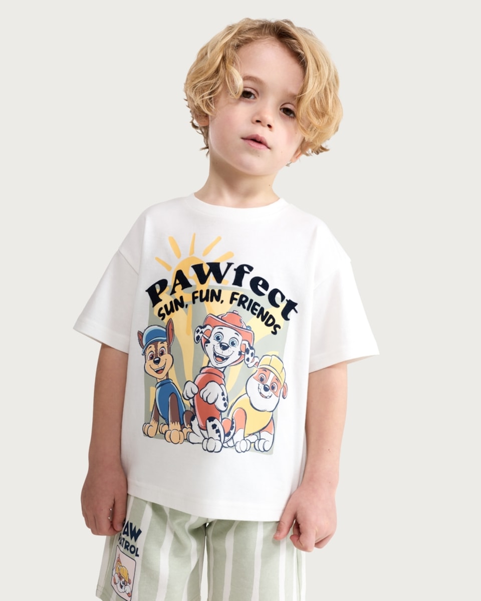 image 1 of Paw Patrol 2-Piece T-Shirt and Striped Shorts Set in Cream