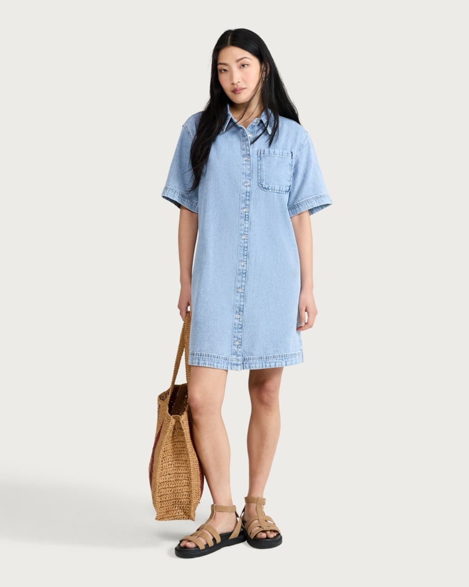 image 1 of F&F Pure Cotton Short Sleeved Button Up Shirt Dress in Blue
