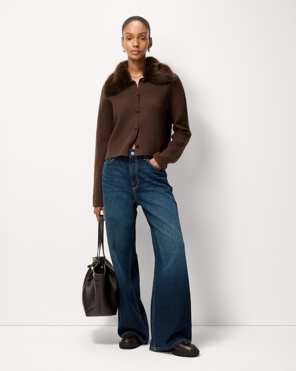 image 1 of F&F Faux Fur Collared Cardigan in Chocolate
