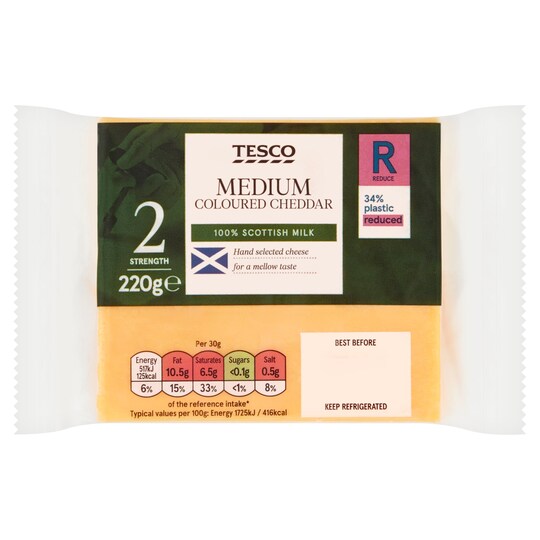 Tesco Scottish Medium Coloured Cheddar Cheese 220G Tesco Groceries