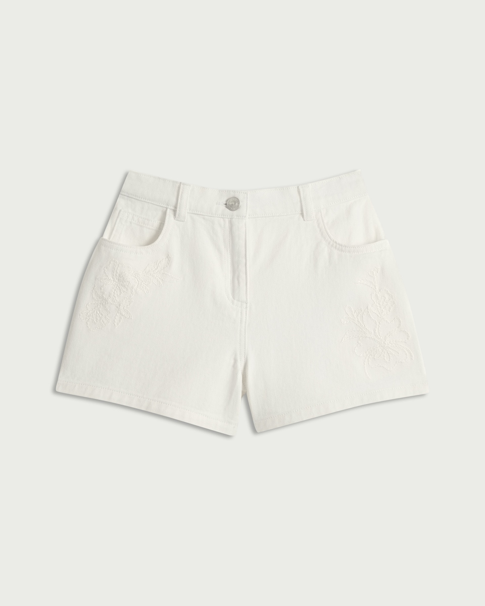 image 1 of F&F Girls Pure Cotton Embroidered Denim Shorts in Cream