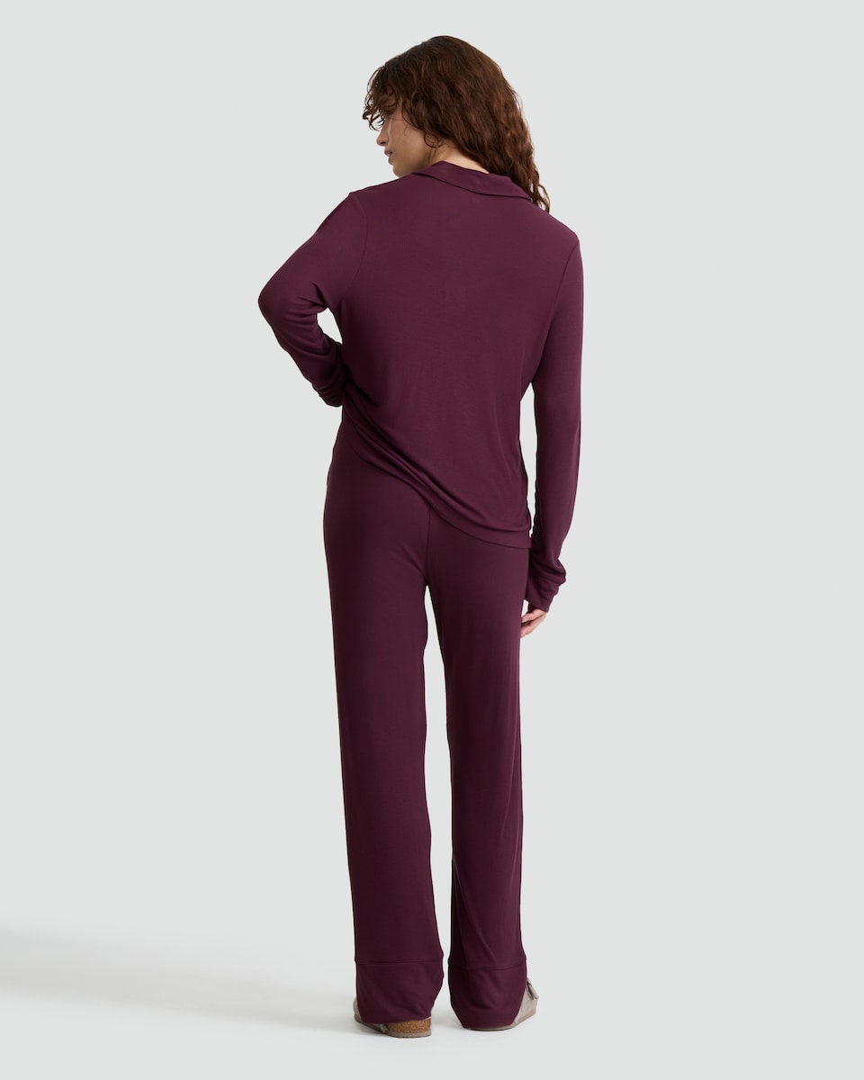 image 1 of F&F CoolEase™ Ribbed Wide Leg Button Up Revere Pyjama Set in Purple