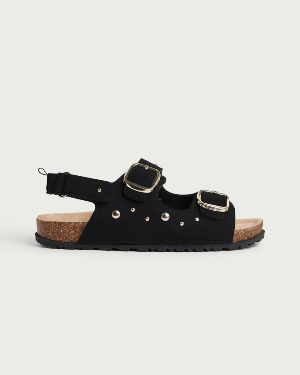 image 1 of F&F Girls Studded Buckle Strap Sandals in Black