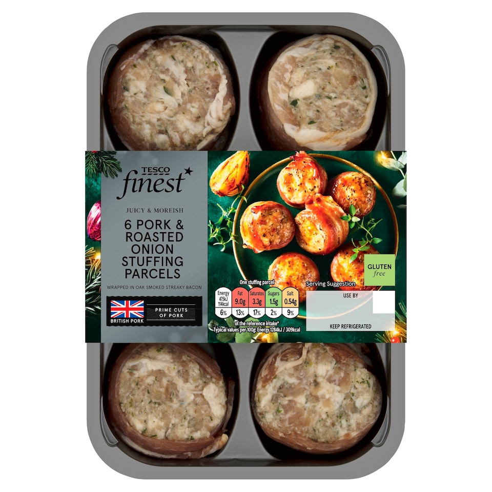 Tesco Finest 6 Pork & Roasted Onion Stuffing Parcels in Bacon 300g