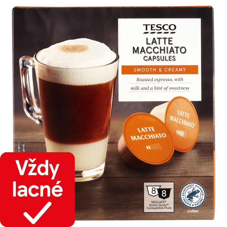 Tesco Latte Macchiato zmes praženej mletej kávy a sušené mlieko 8 x 7 g + 8 x 17,8 g (198,4 g)