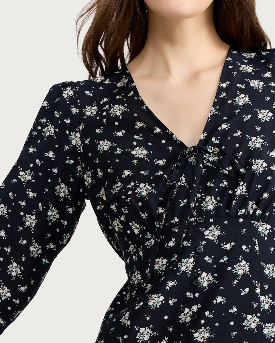 image 1 of F&F Floral Tie Neck Long Sleeved Mini Dress in Multi Black