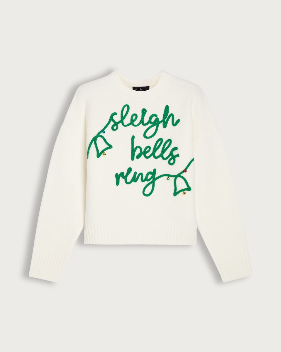 F&F Knitted Sleigh Bells Ring Slogan Jumper in Cream