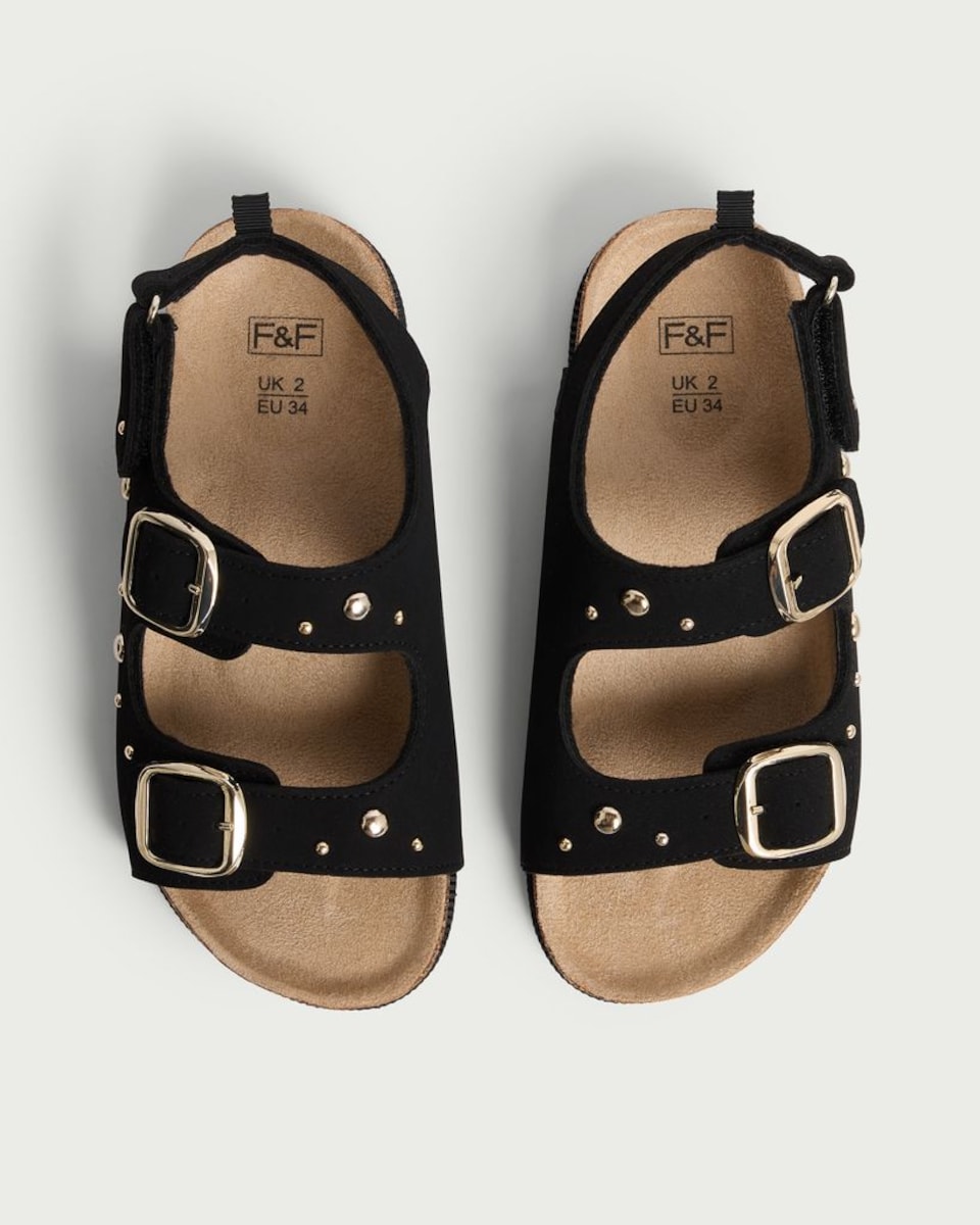 image 1 of F&F Girls Studded Buckle Strap Sandals in Black