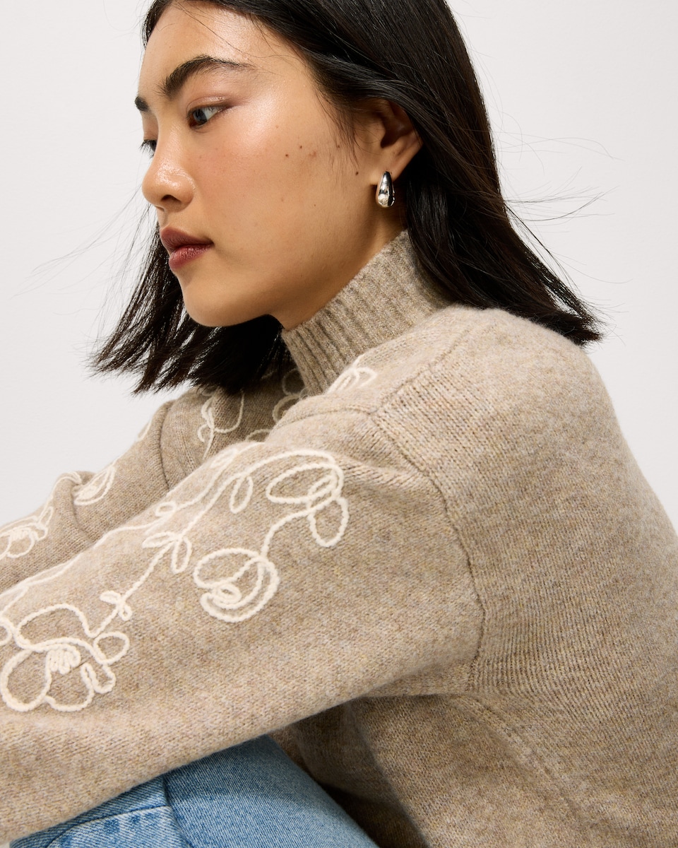 image 1 of F&F High Neck Cornelli Embroidered Jumper in Neutral
