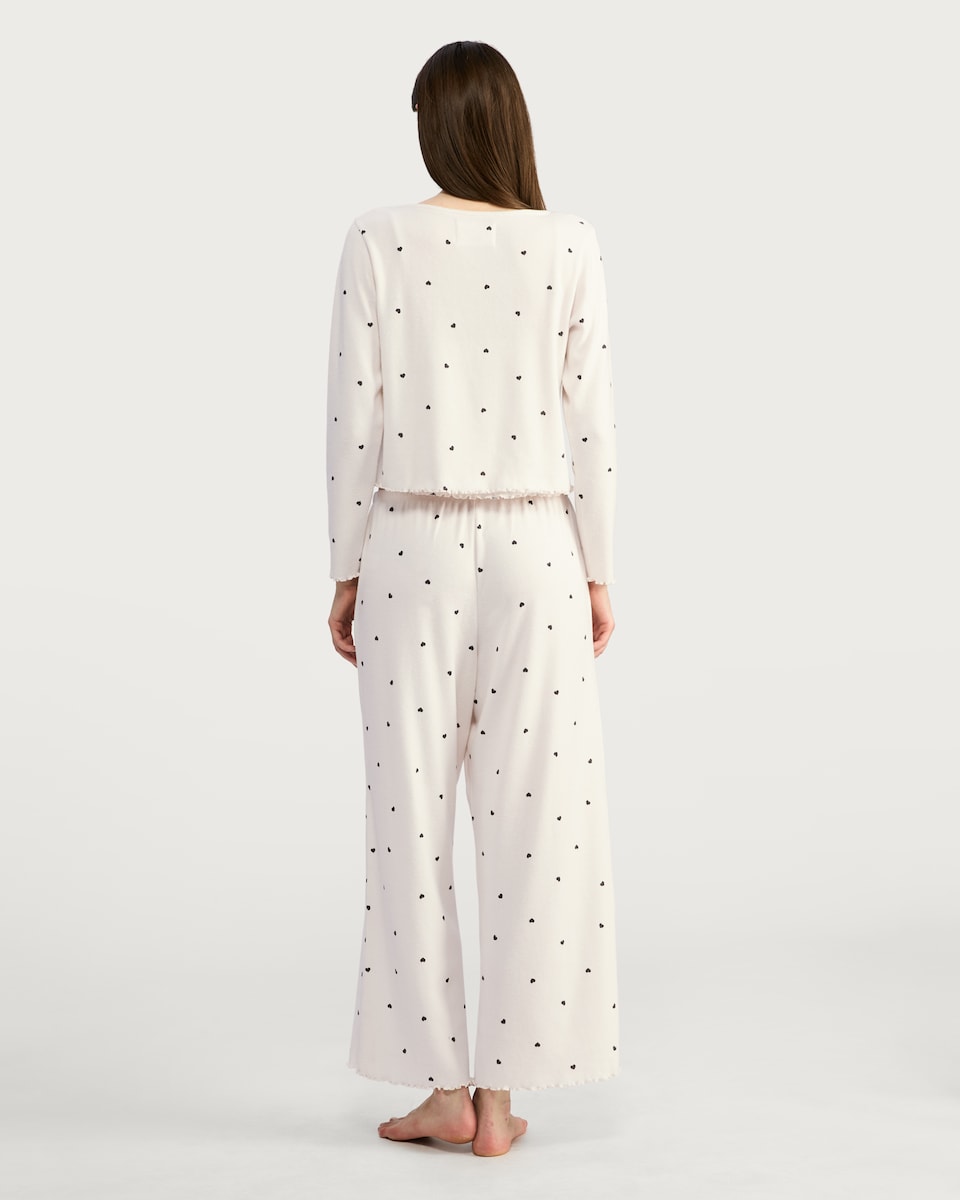 image 1 of F&F 3-Piece Ribbed Heart Print Pyjama Set in Beige