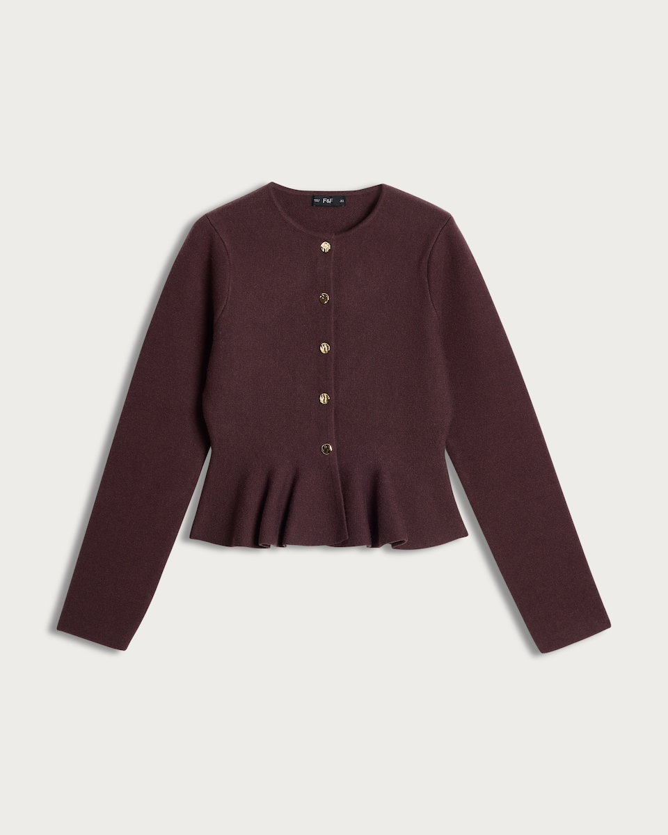 image 1 of F&F Peplum Hem Buttoned Cardigan in Burgundy