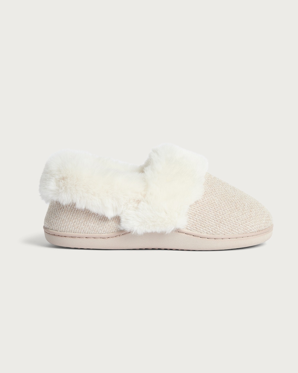 image 1 of F&F Textured Lurex Faux Fur Lined Slippers in Neutral