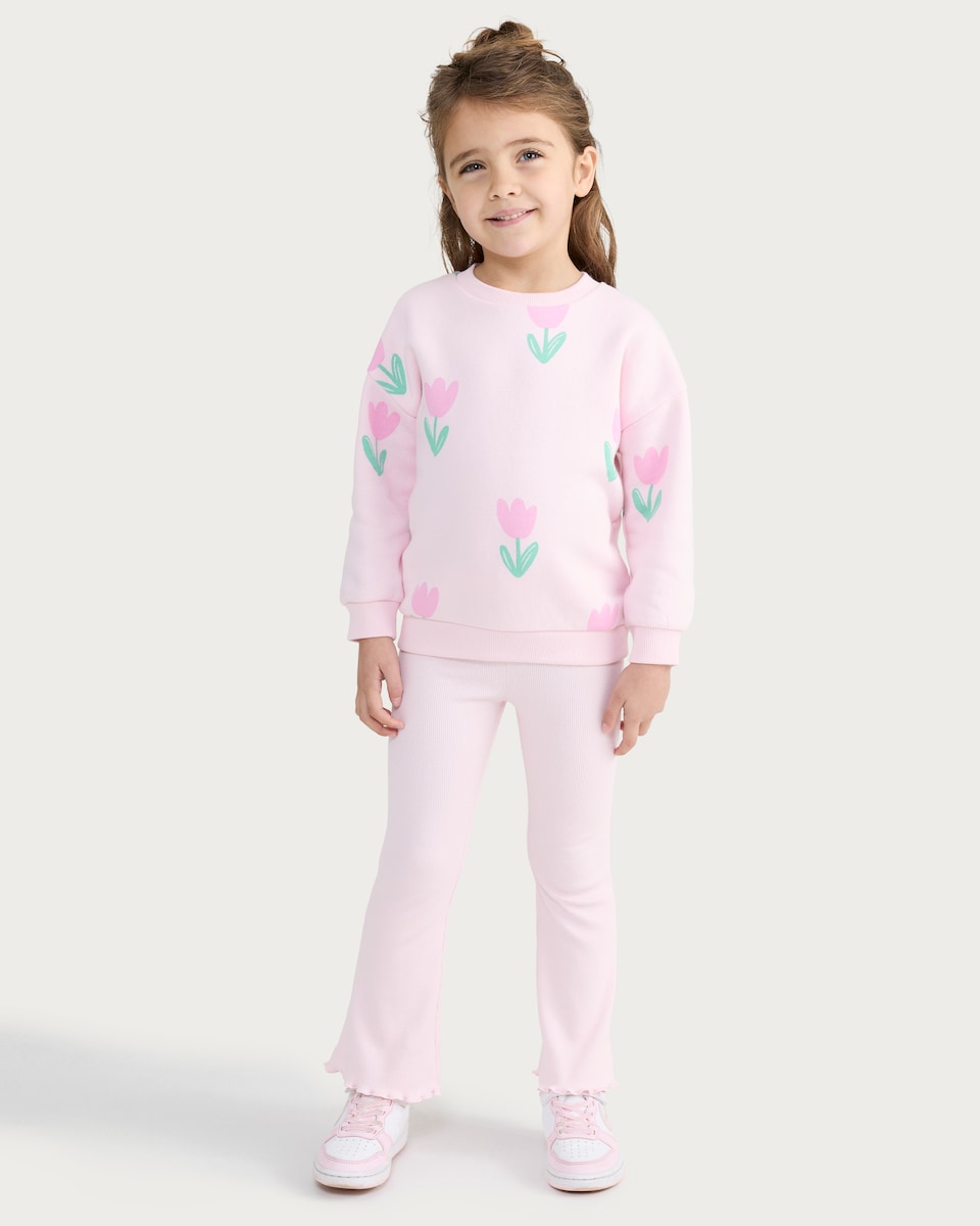 image 1 of F&F Girls Cotton Rich Tulip Print Sweatshirt and Leggings Set in Pink