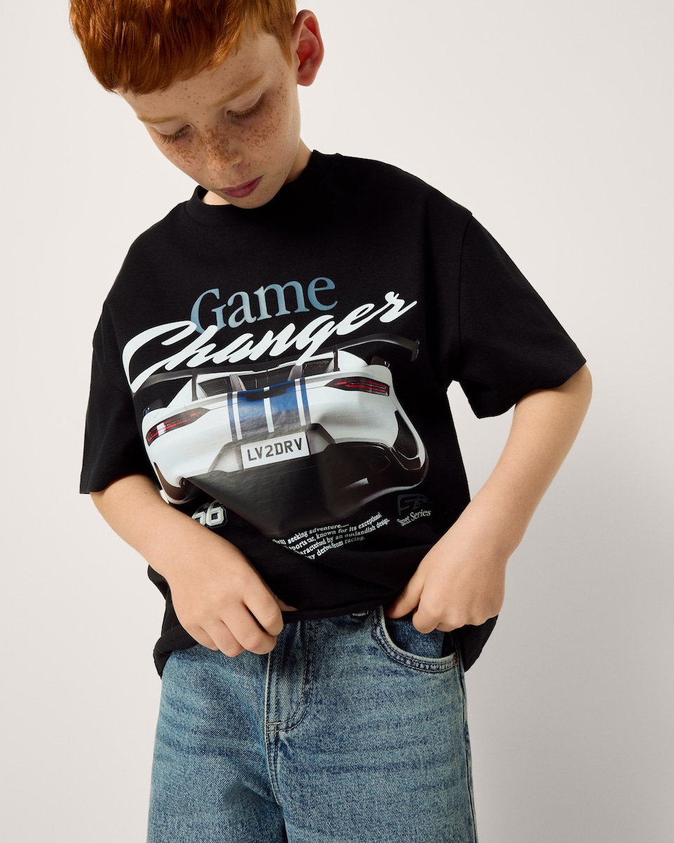 image 1 of F&F Boys Pure Cotton Slogan Oversized Fit T-Shirt in Black