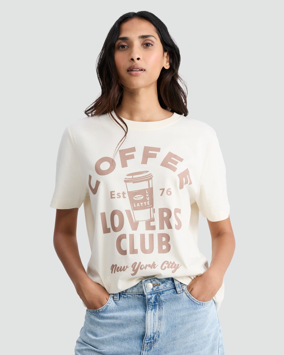 image 1 of F&F Pure Cotton Coffee Lovers Club Print T-Shirt in Cream