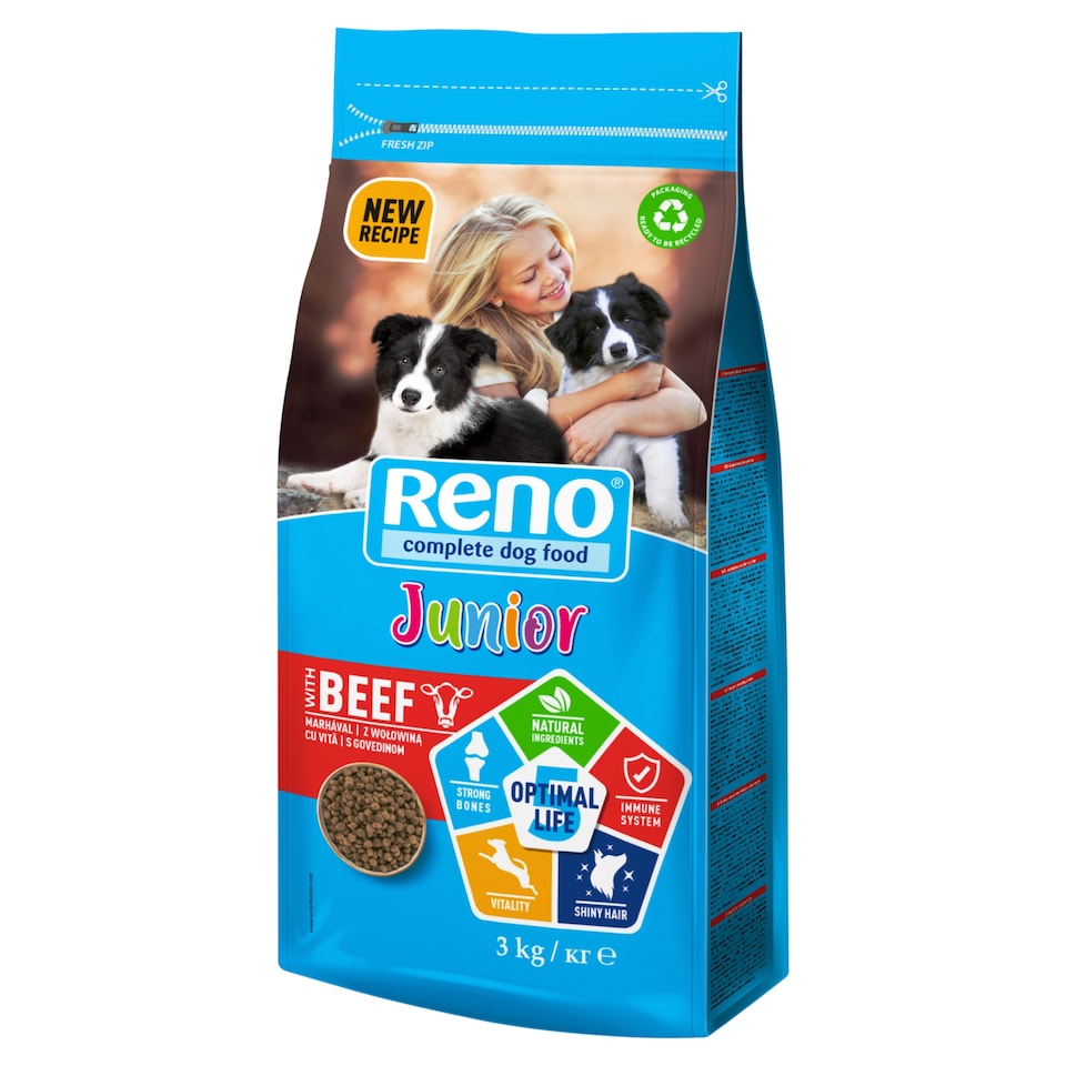 Reno Optimal Life Junior száraz kutyaeledel, kutyatáp kölyökkutyáknak marhával 3 kg