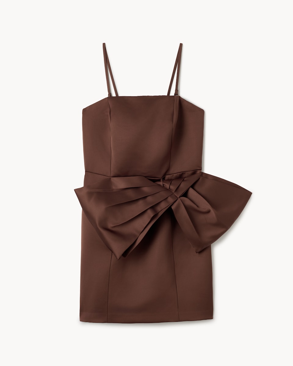 image 1 of F&F Satin Bow Bandeau Mini Dress in Tobacco