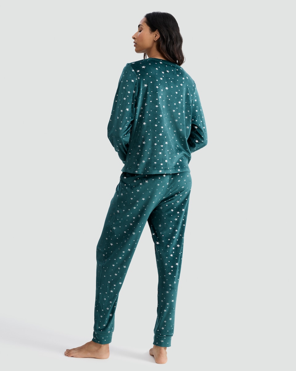 image 1 of F&F Fleece Star Print Top and Bottoms Pyjamas in Green