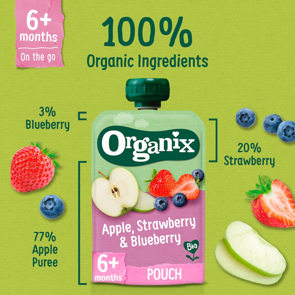 image 1 of Organix Apple, Strawberry & Blueberry Pouch 100g