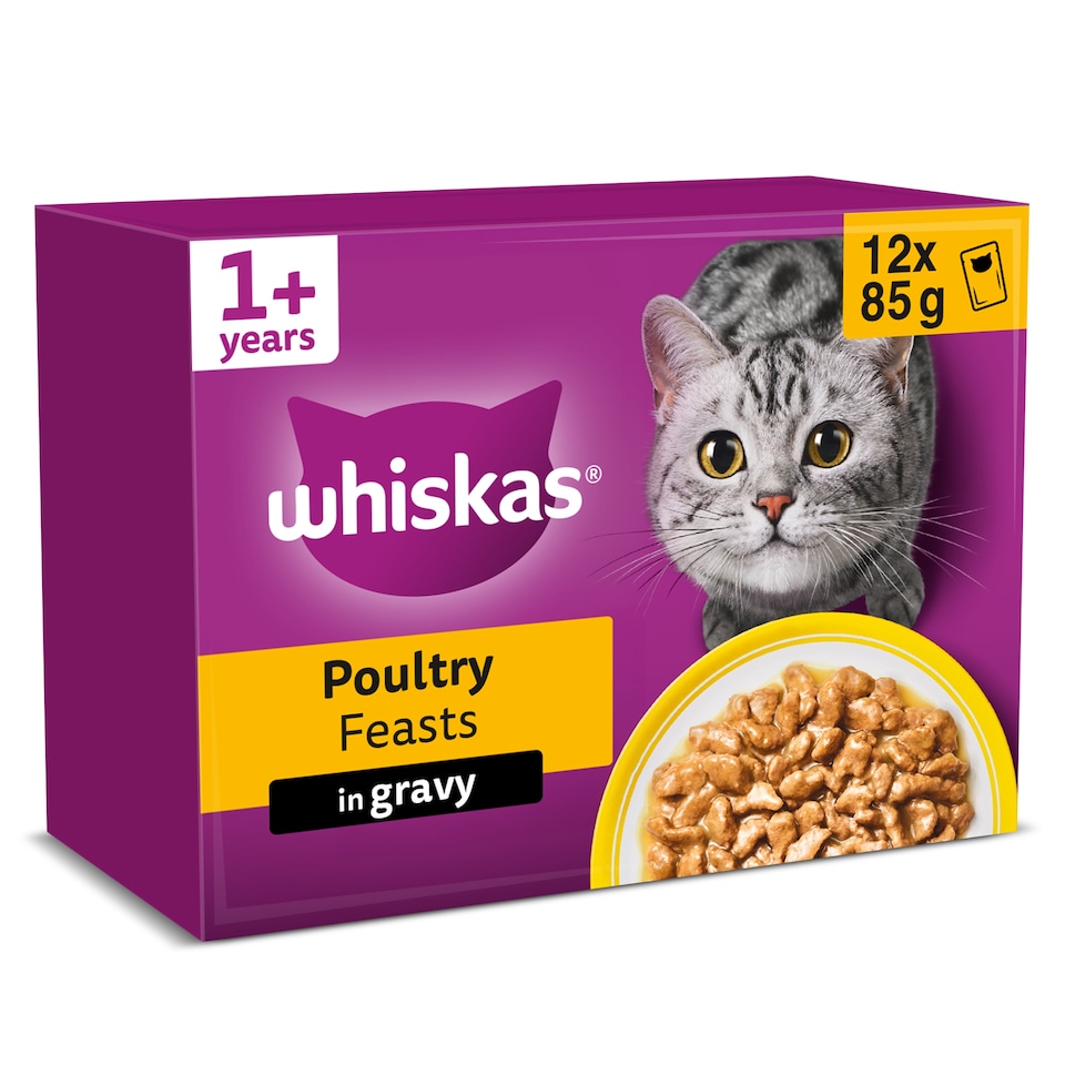 image 1 of Whiskas Adult Cat Food Pouches Poultry Feasts in Gravy 12x85g