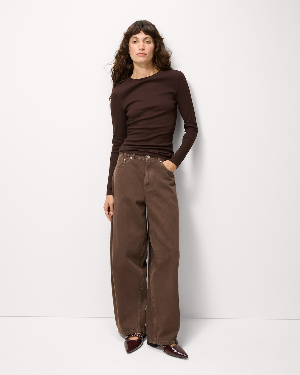 image 1 of F&F Cotton Rich Ribbed Long Sleeved Top in Chocolate