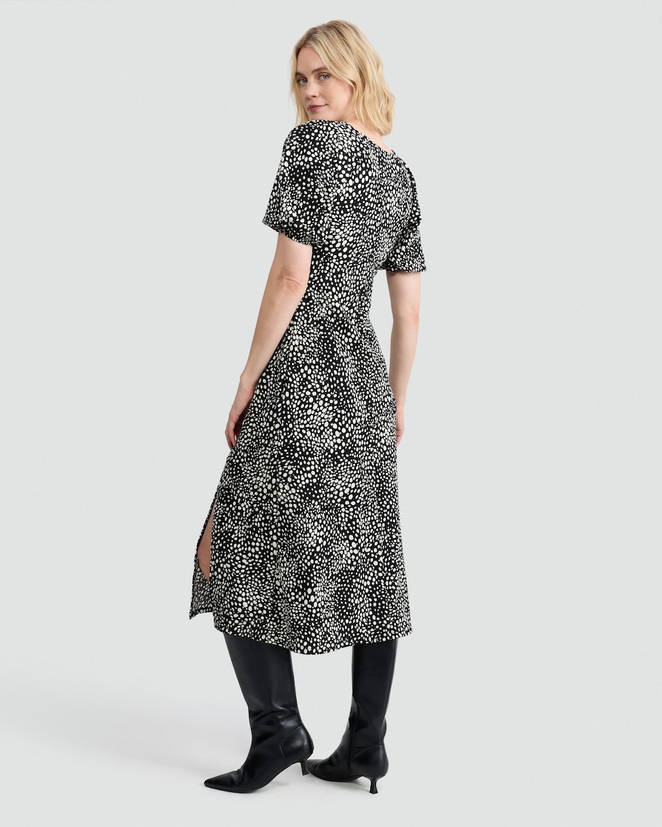 image 1 of F&F Polka Dot Puff Sleeve Midi Dress in Multi Black White