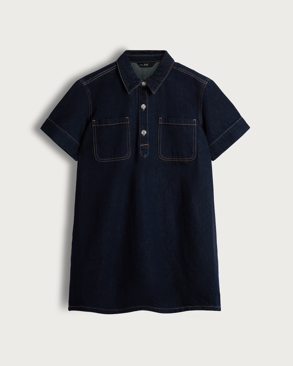 image 1 of The F&F Edit Pure Cotton Pocket Detail Denim Shirt Dress in Navy