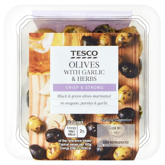 Tesco Olives With Garlic & Herbs 130G Tesco Groceries