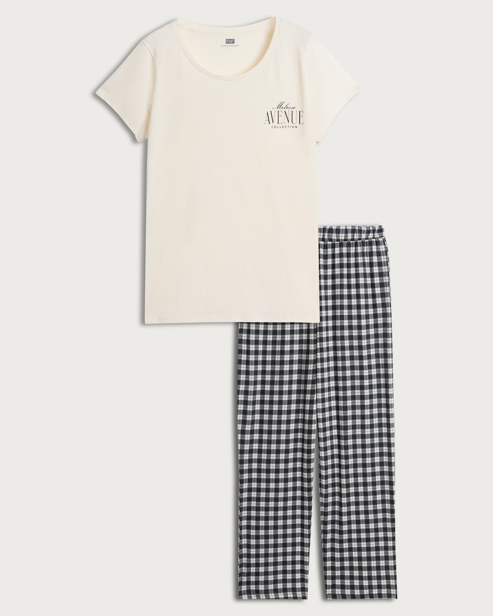 image 1 of F&F Pure Cotton T-Shirt and Bottoms Pyjama Set in Multi Black White