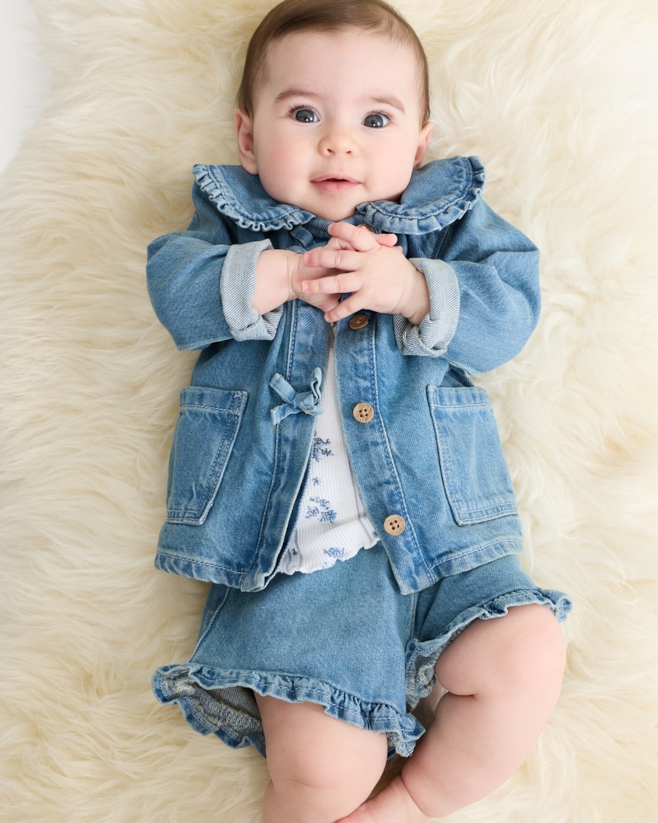 image 1 of F&F Baby 3-Piece Denim Jacket, Floral T-Shirt and Shorts Set  in Blue