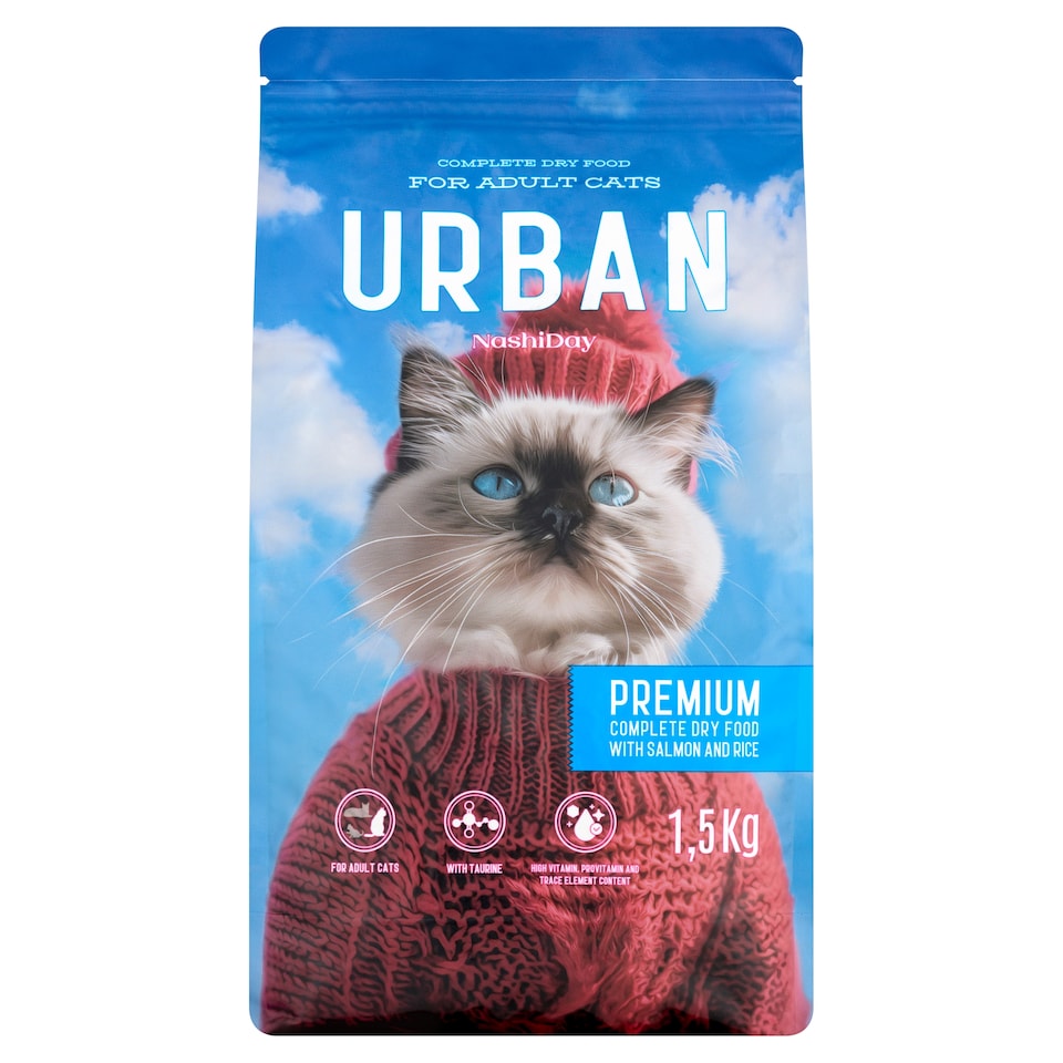 NashiDay Urban tejes értékű száraz állateledel felnőtt macskáknak lazaccal és rizzsel 1,5 kg  1. kép