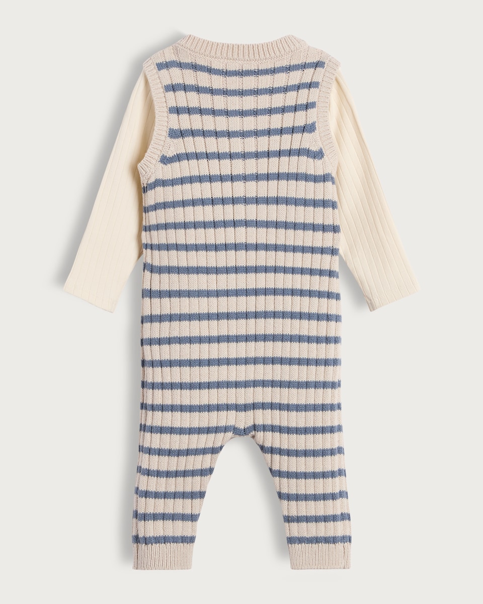 image 1 of F&F Baby 2-Piece Cotton Rich Striped Button Front Romper and Bodysuit Set in Blue