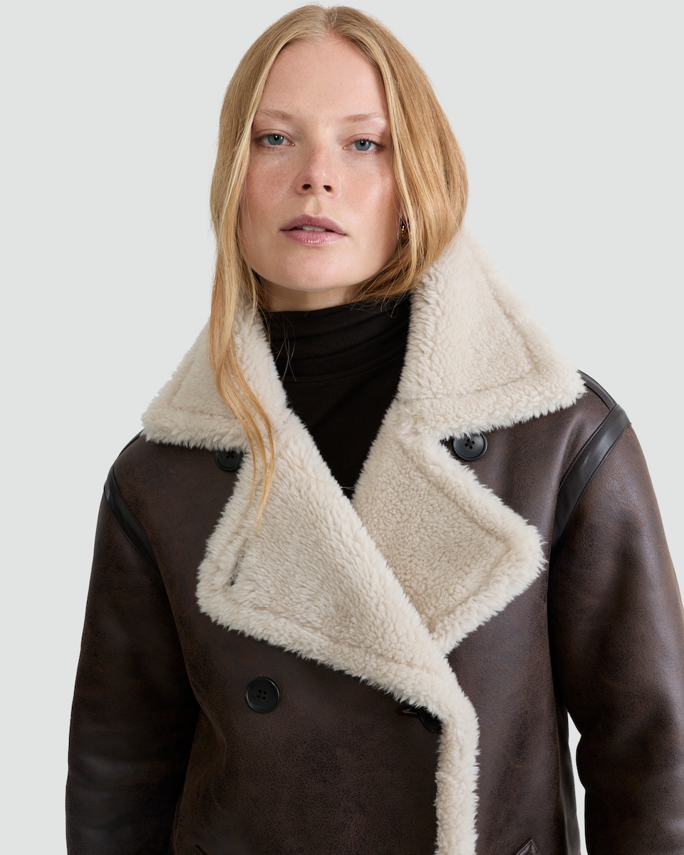 image 1 of The F&F Edit Double-Breasted Shearling Coat in Brown